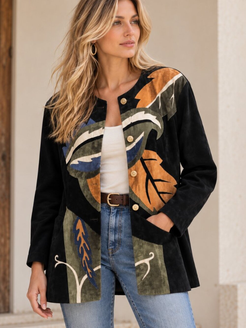Vintage Dino'z Suede Leaf Print Patchwork Jacket 8